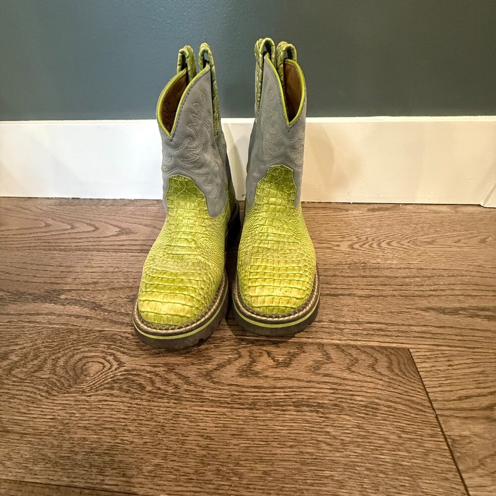 Ariat - Fatbaby Green Crocodile Blue Leather Mid Calf Cowgirl Boots - Size 7 EUC